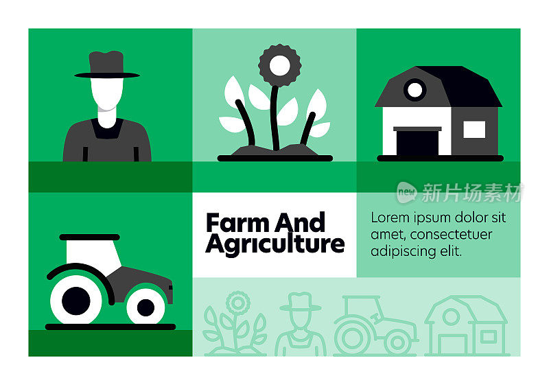 农场和农业线图标集和横幅设计。