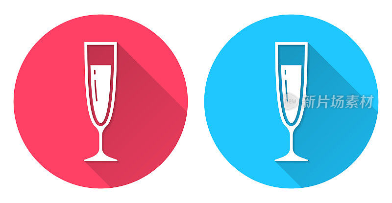 一杯香槟。圆形图标与长阴影在红色或蓝色的背景