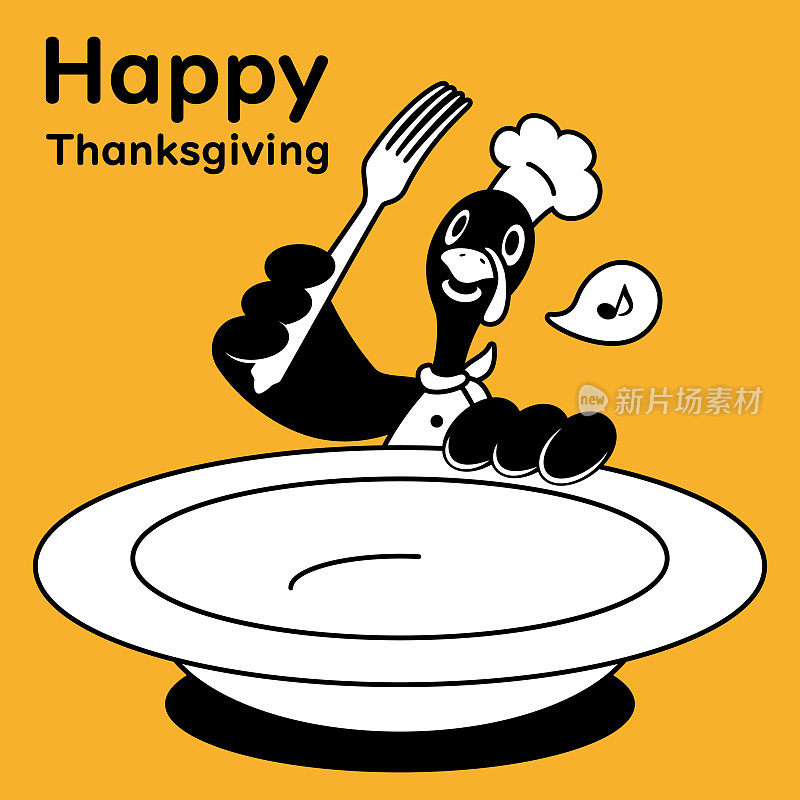 可爱的单色设计，火鸡厨师在感恩节拿着一个大盘子和叉子