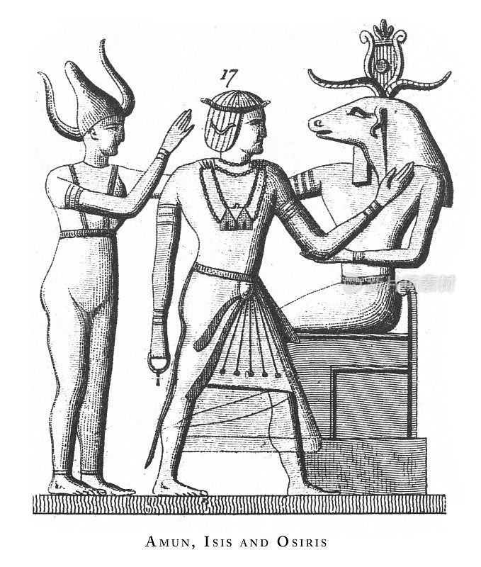 阿蒙，伊希斯和奥西里斯:埃及神和宗教符号雕刻古董插图，出版于1851年