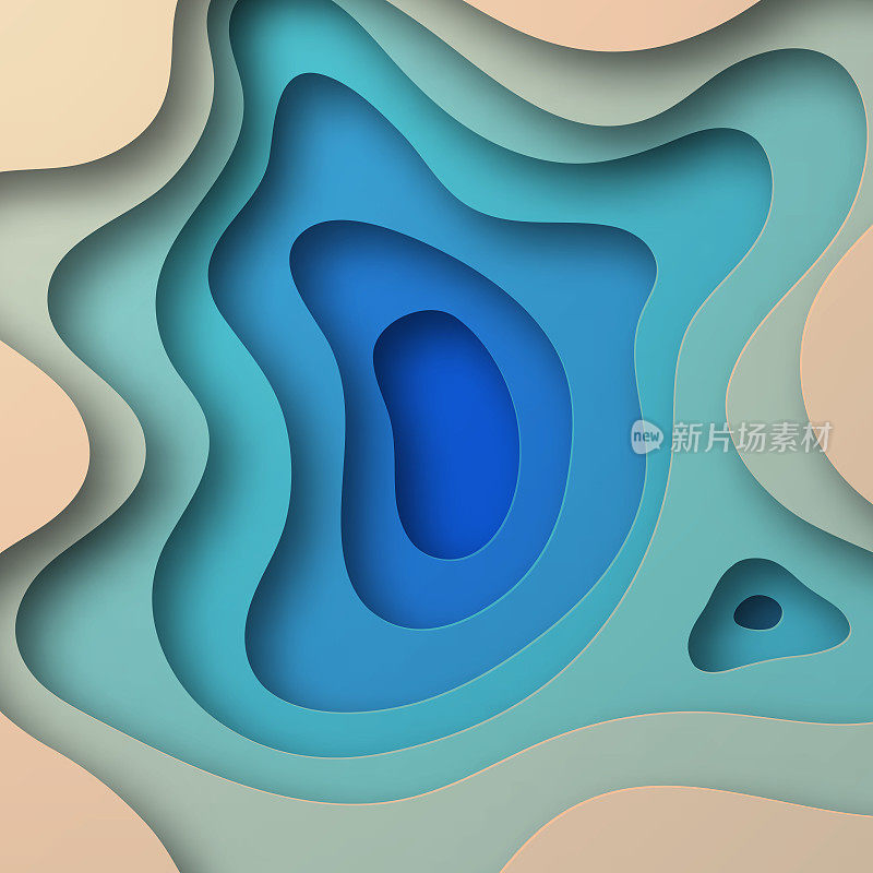 剪纸背景-蓝色抽象波浪形状-新潮的3D设计