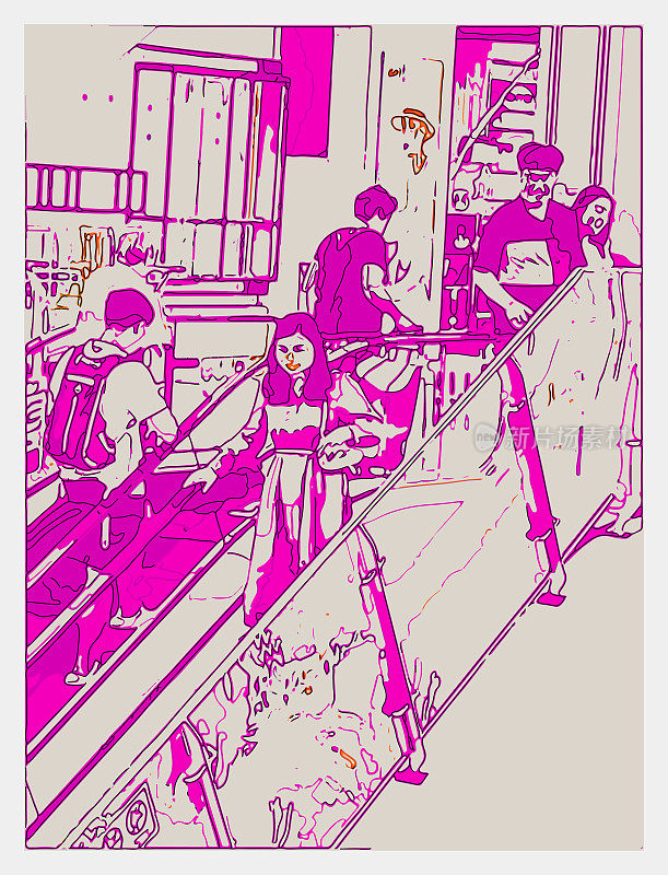 艺术版画插画商场电梯上的人的场景