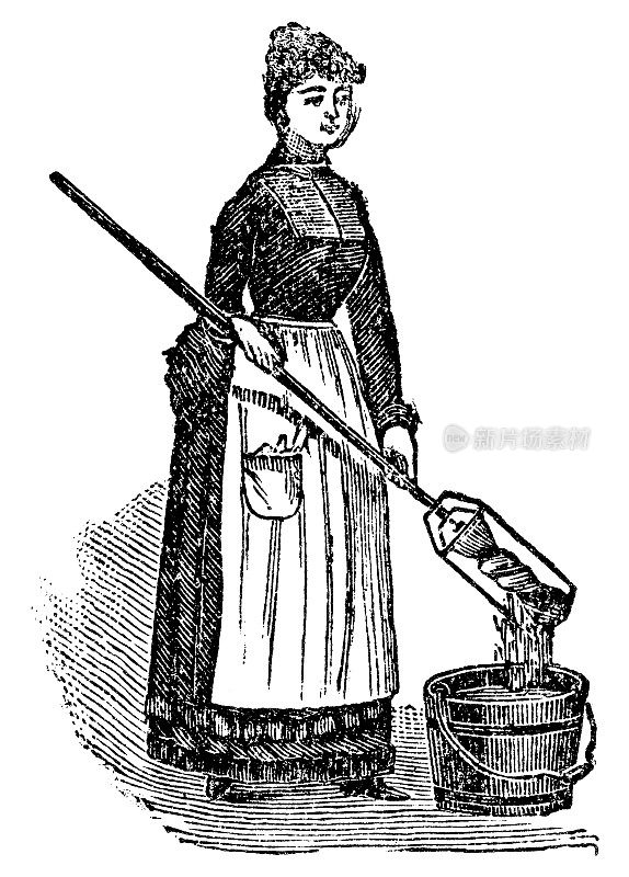 19世纪，维多利亚时代的妇女使用自动拧干的棘轮拖把