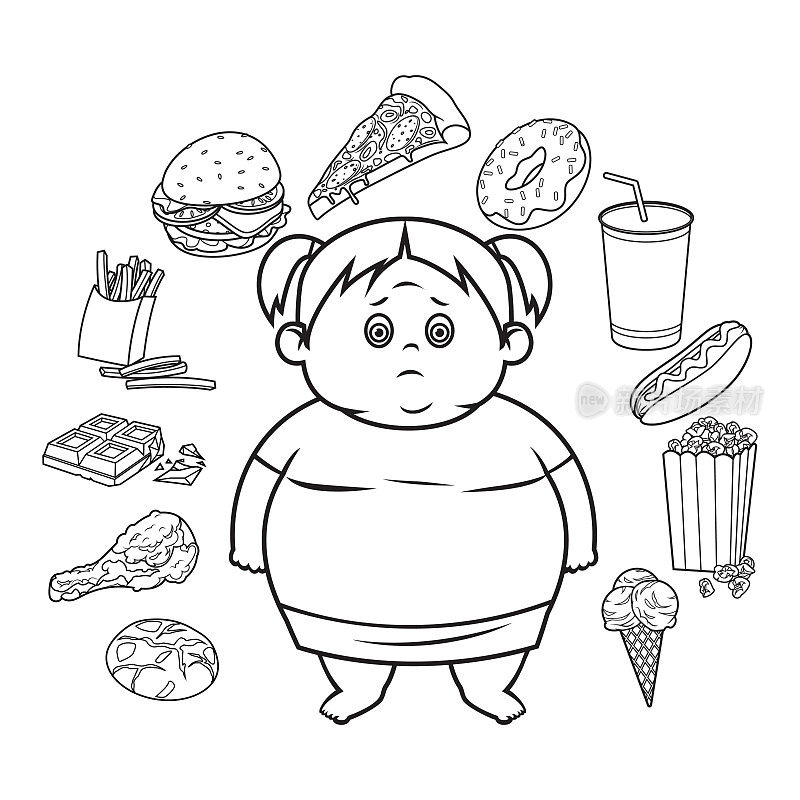 不快乐的小胖女孩。饮食的失败。阻止肥胖。