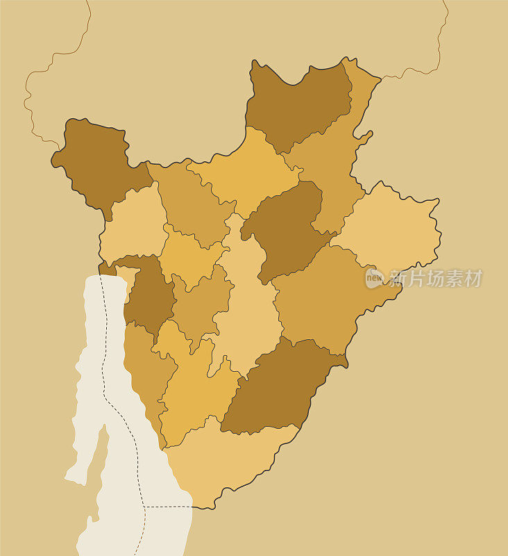 高度详细的布隆迪地图与地区和国家边界。矢量图
