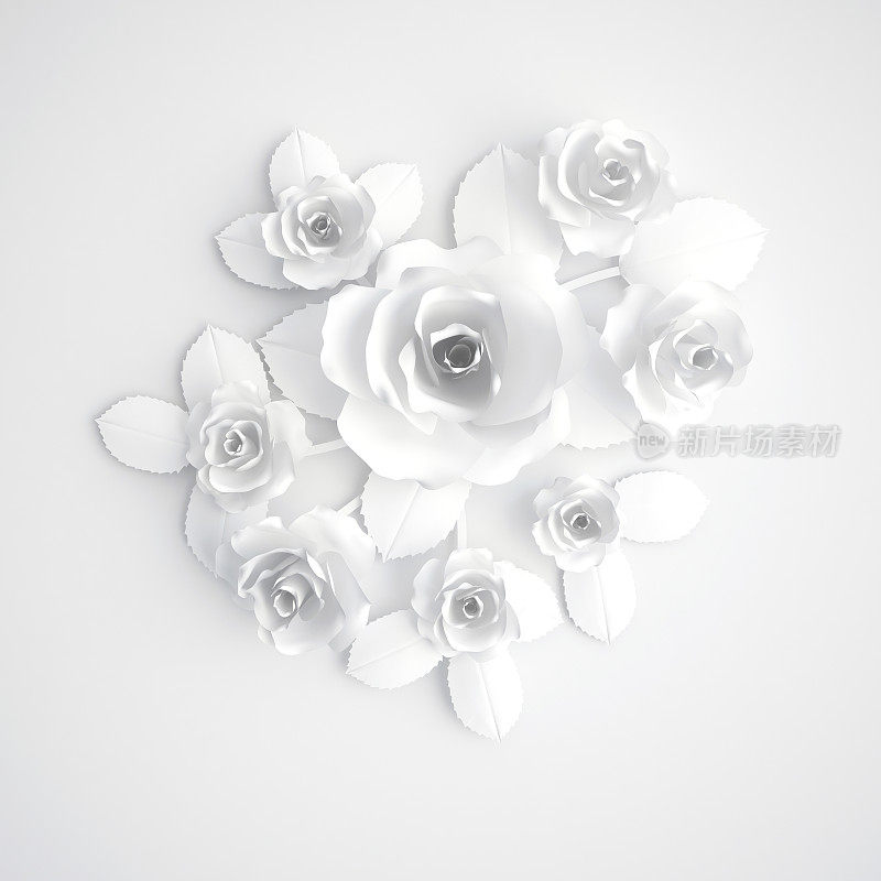 白色纸花，贺卡，3D插图