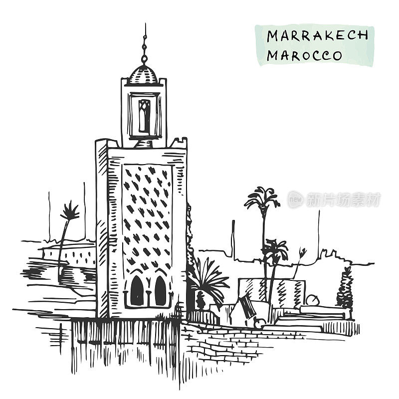 马拉喀什摩洛哥黑色建筑手绘墨水矢量插图