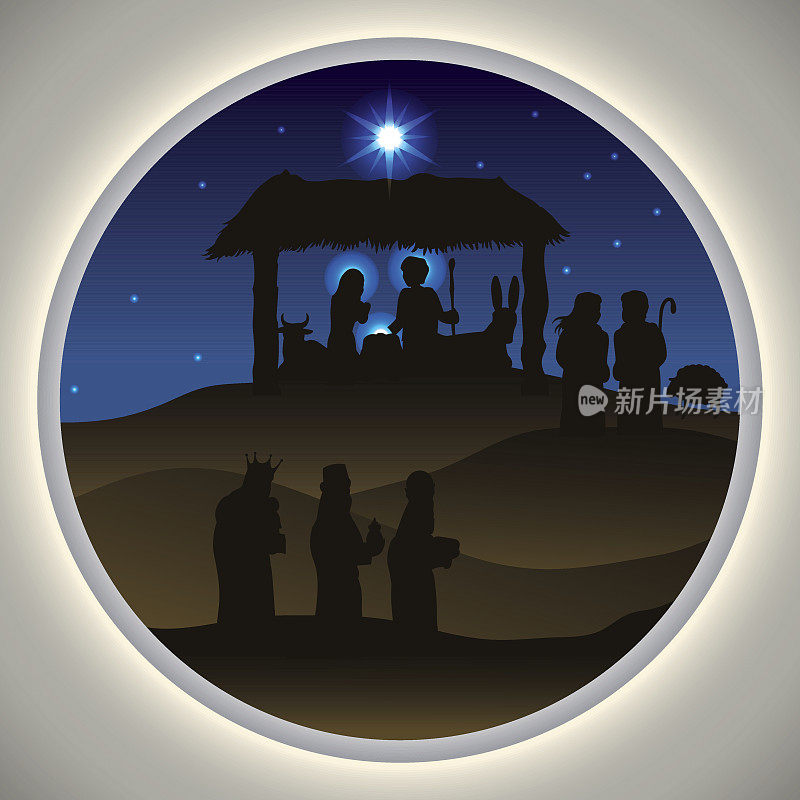 耶稣诞生场景剪影在美丽的风景。