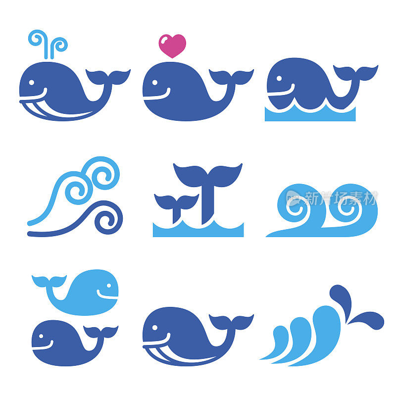 鲸鱼，大海或海浪的蓝色图标设置