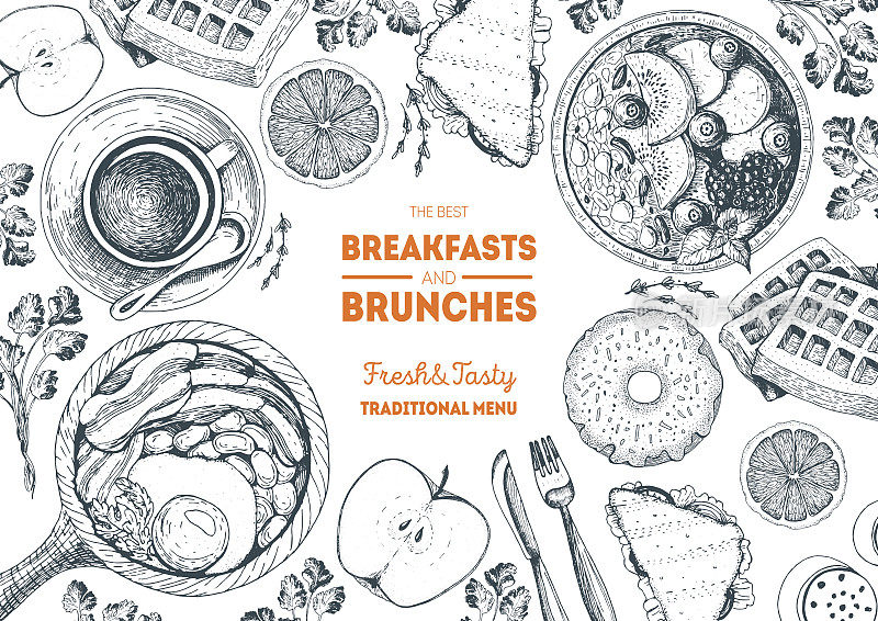 早餐和早午餐俯视图框架。食品菜单设计。复古手绘草图矢量插图。
