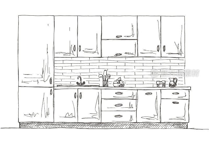手绘厨房家具。矢量插图在素描风格