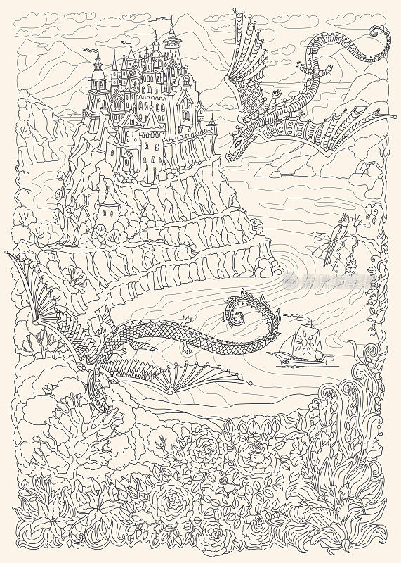 梦幻风景上的米色背景。童话中的飞龙和山上的城堡。峡湾，精灵森林，花园玫瑰，百合。t恤打印。成人和儿童涂色书页。黑色和白色