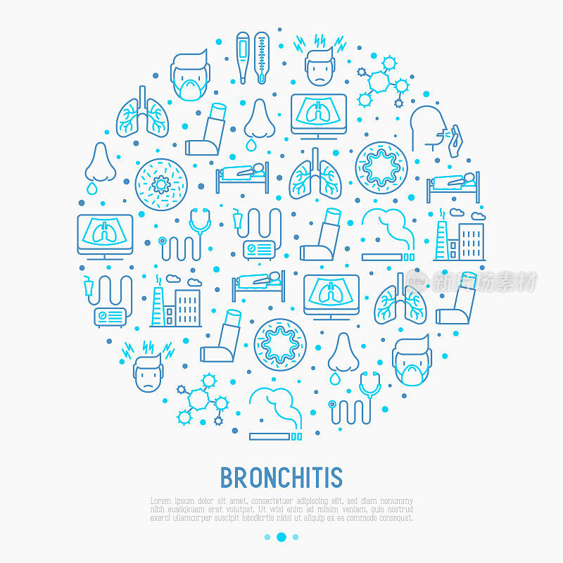 支气管炎概念圈，细线代表症状和治疗方法:头痛、肺泡、吸入器、喷雾器、听诊器、体温计、x光片、卧床休息。矢量插图。