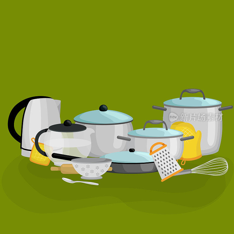 平底锅和锅的现实设置与煎锅，白色炖锅烹饪，碗食物，金属磨碎电水壶孤立矢量插图