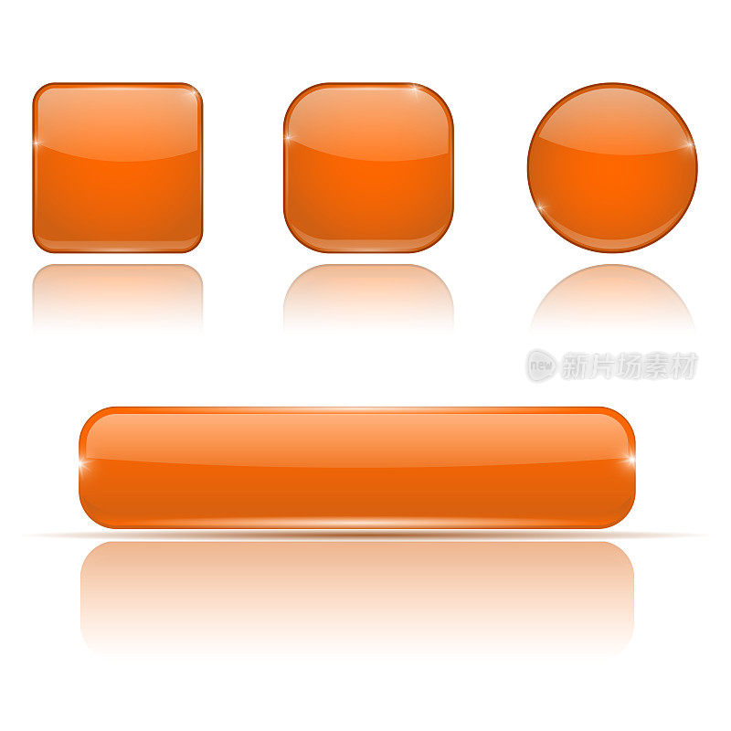 橙色玻璃按钮与反射。在白色背景