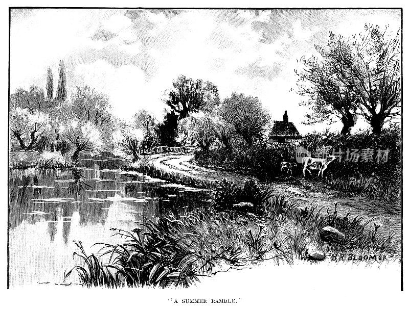 19世纪的乡村场景雕刻，一条小路沿着村庄池塘;维多利亚时代的乡村景色，1890