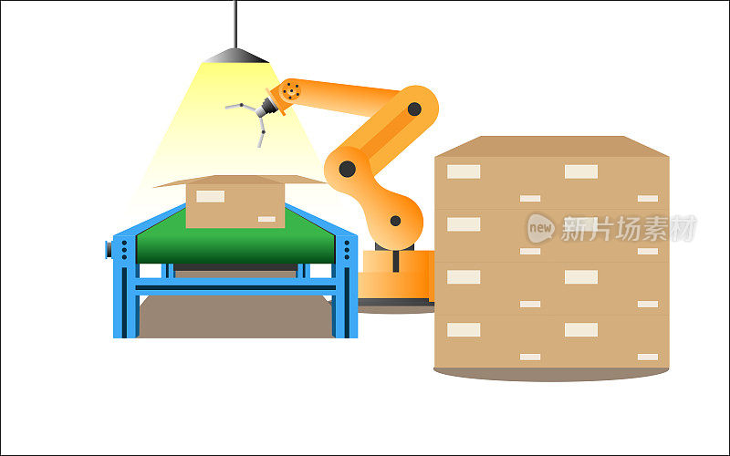 工厂自动包装和运输货物，矢量插图