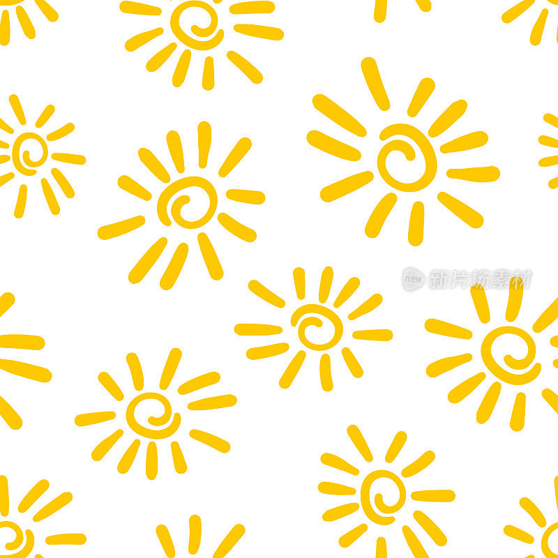 手绘太阳图标无缝模式背景。商业平面矢量插图。太阳符号图案。
