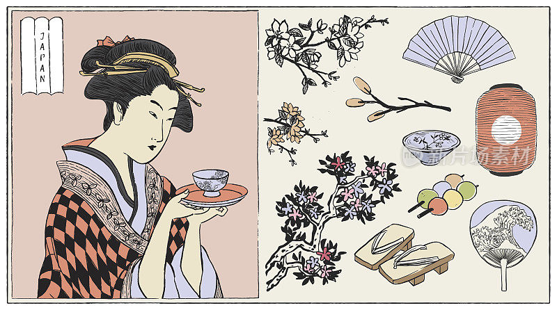 一位拿着一杯茶的日本妇女。日本传统风格。(矢量图)