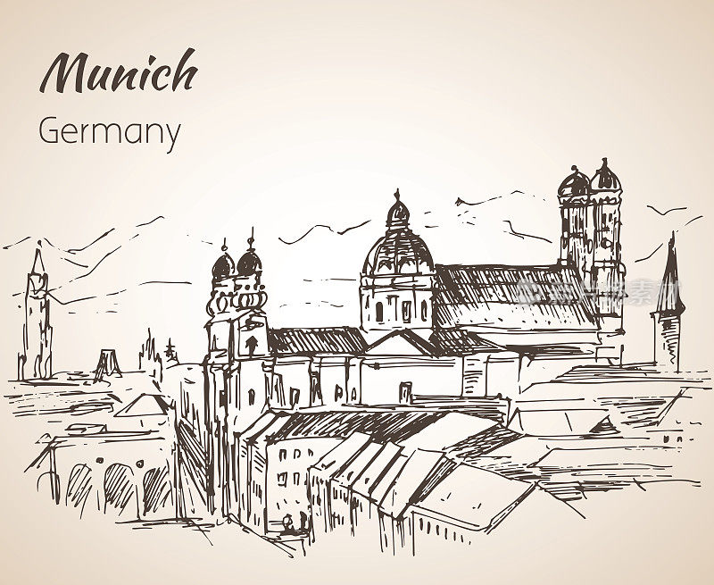 慕尼黑城市景观，德国。圣母教堂。圣母教堂。德国。草图。