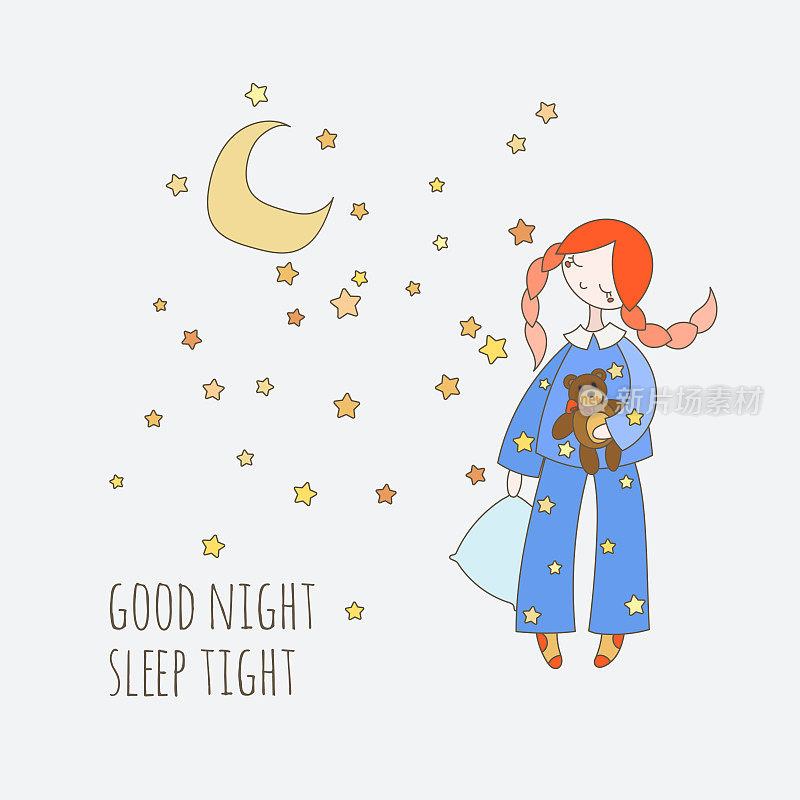 可爱的女孩穿着睡衣抱着枕头和玩具熊。晚安卡。