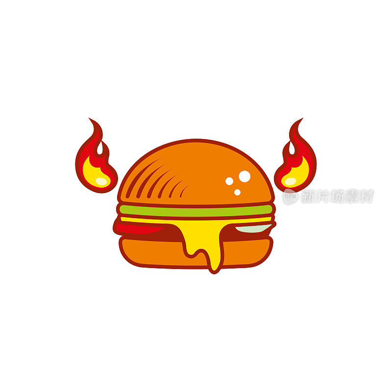 带角和火的热扁汉堡。快餐图标模板的名片，品牌和企业身份。