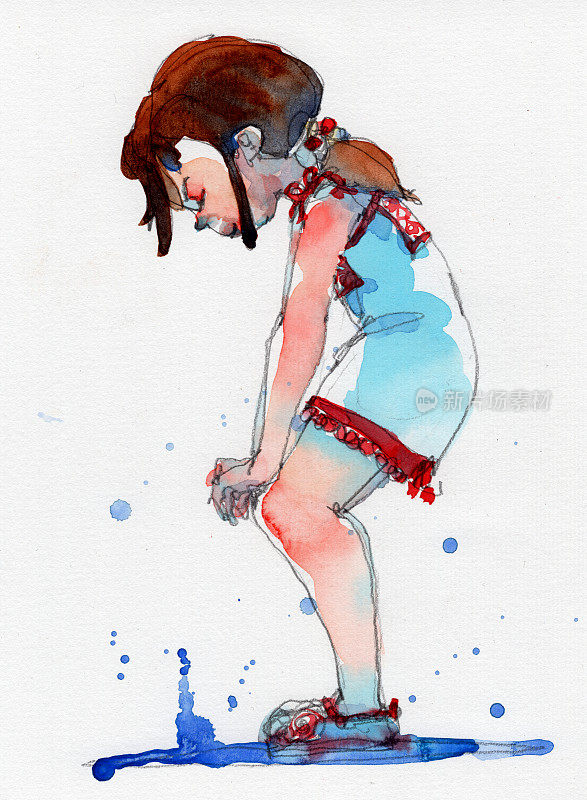 水彩画插图的女孩在白色苗族服装，手绘在纸上