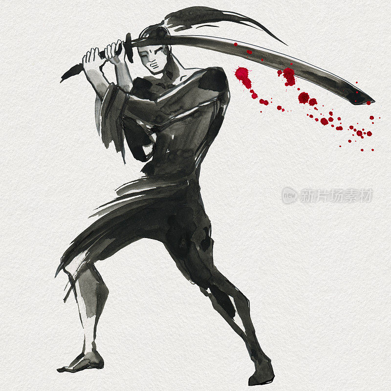 轮廓的武士。中国风格。水彩手绘插画