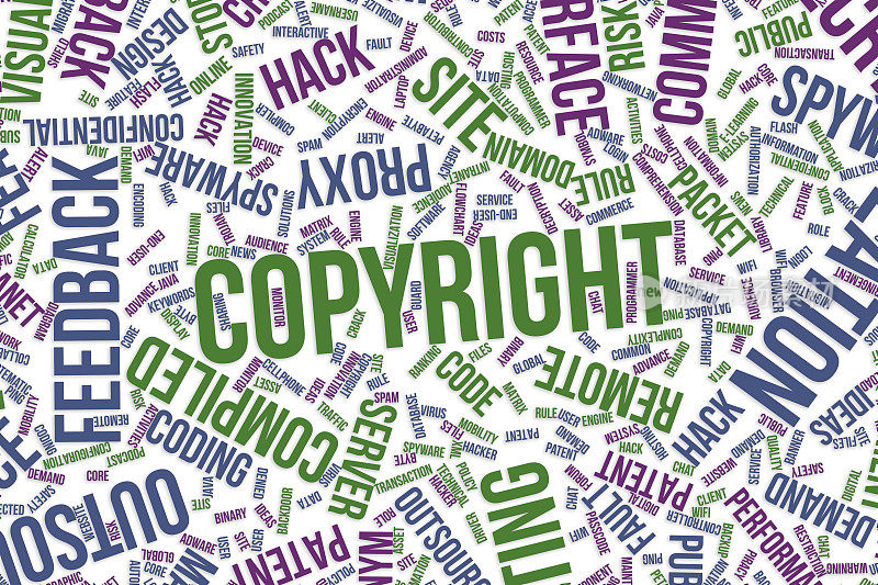 版权，商业，信息技术或IT的概念词云。