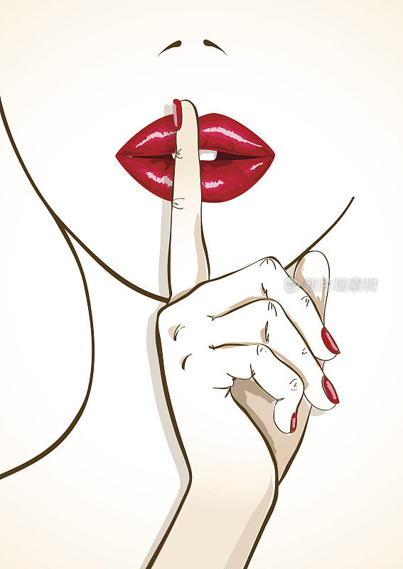 女人嘴唇和手指在嘘手势的插图