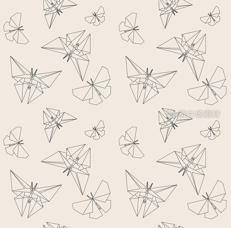 蝴蝶细线。纸折纸风格。向量无缝模式。