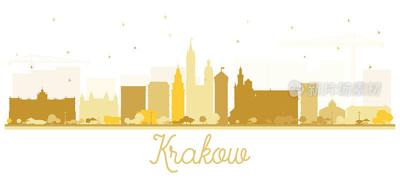 波兰克拉科夫城市天际线剪影与金色建筑孤立在白色。
