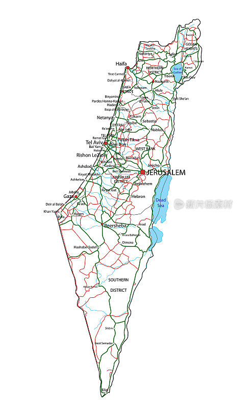 以色列公路和高速公路地图。矢量插图。