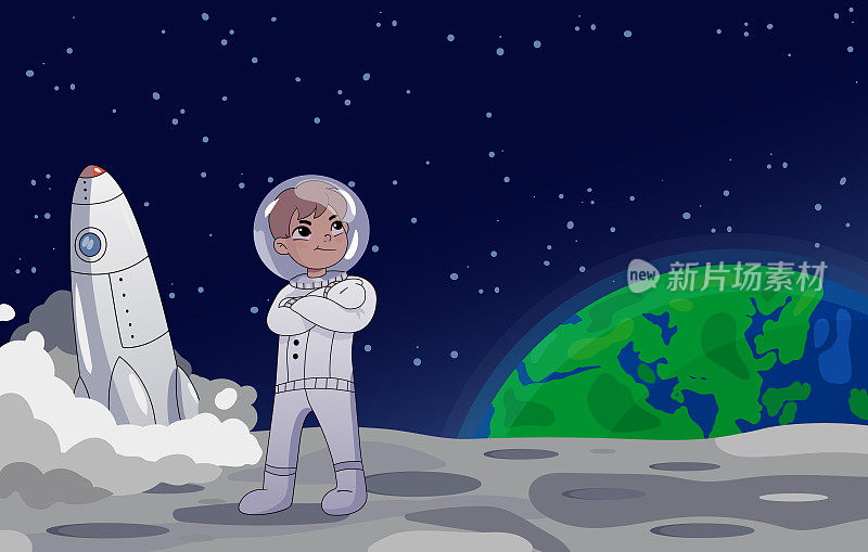 宇航员站在月球上，旁边是美国国旗，背景是一枚火箭。地球在背景中升起。卡通风格。五彩缤纷的矢量插图。