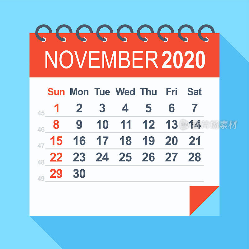 2020年11月-日历。周日开始一周