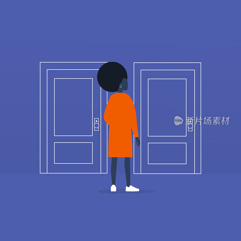 年轻的黑人女性角色站在两扇紧闭的门前。进入大楼。平面可编辑矢量插图，剪辑艺术
