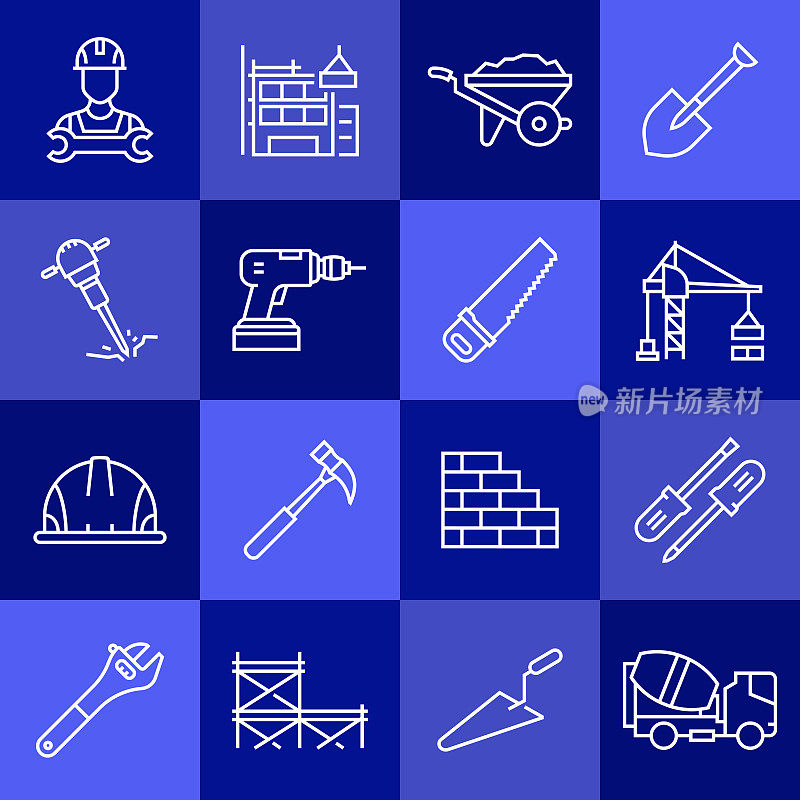 简单的一组建设相关的矢量线图标。大纲符号集合。