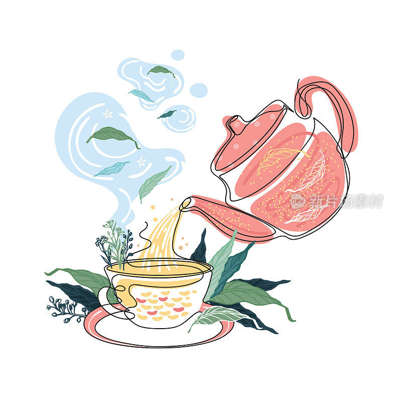 茶正从茶壶里倒进杯子里。水壶和杯子。