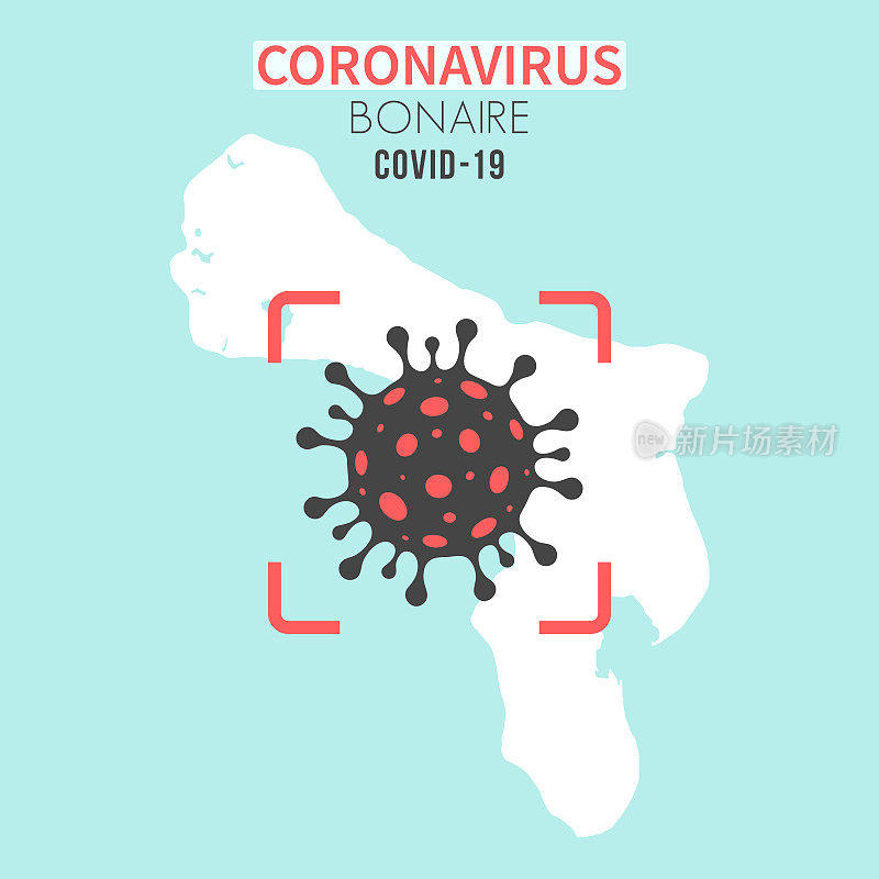 博内尔地图，红色取景器显示冠状病毒细胞(COVID-19)