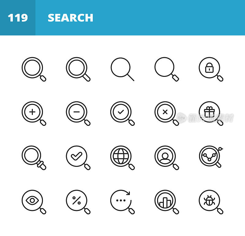 搜索图标。可编辑的中风。像素完美。移动和网络。包含搜索，搜索引擎优化，放大镜，求职，搜索，寻找，交易，数据分析，病毒，大数据，礼品搜索，推广，安全，批准等图标。