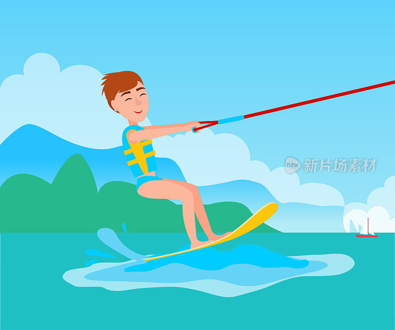 风筝冲浪和快乐男孩矢量风筝冲浪在滑雪
