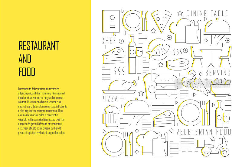 餐厅和食品相关线设计风格网页横幅矢量插图