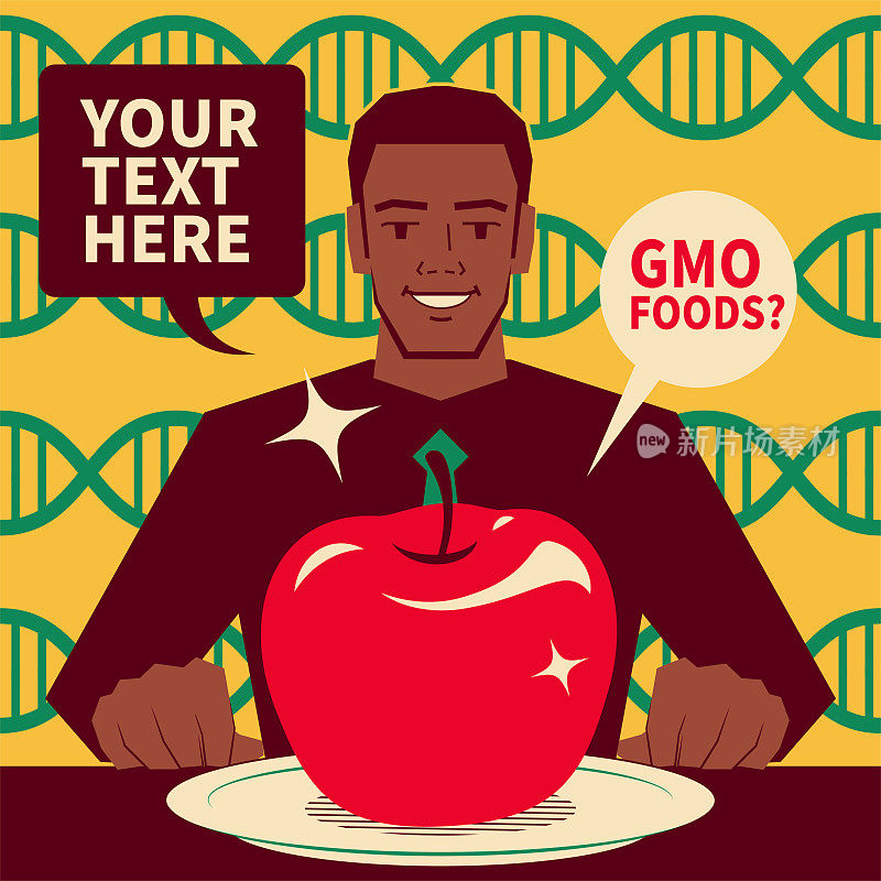 英俊的非裔美国人吃着一个大苹果(转基因食品)，基因工程，转基因和基因操纵的概念