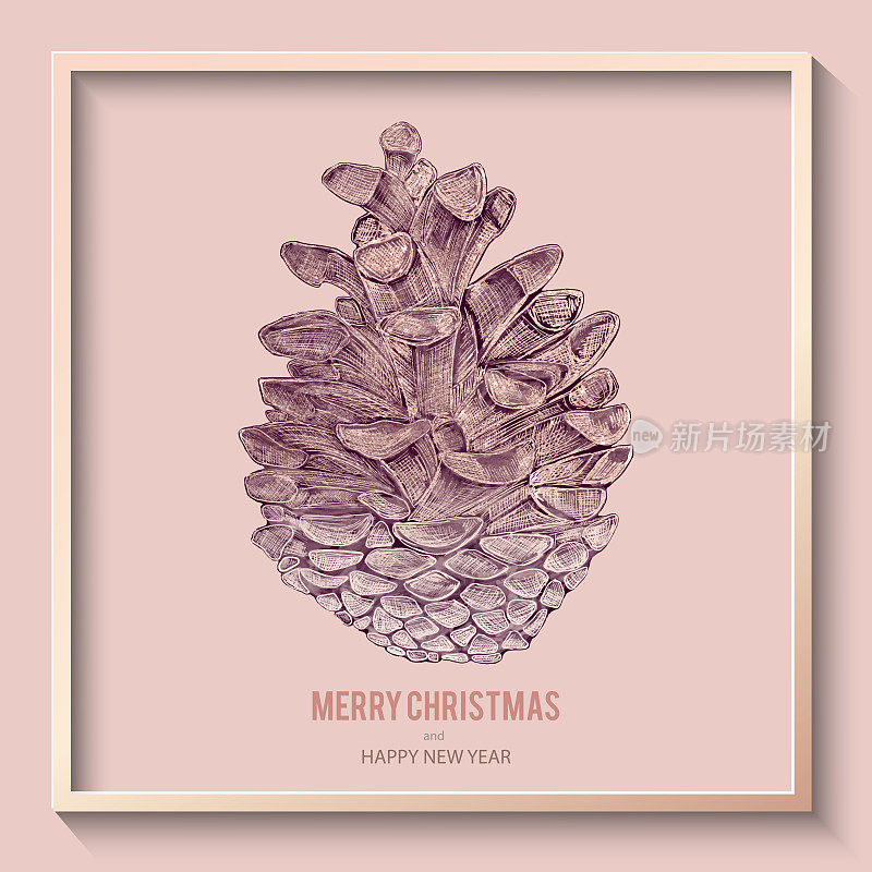 玫瑰金彩色圣诞贺卡与手绘松果。圣诞节和新年贺卡背景模板，圣诞礼物包装纸。