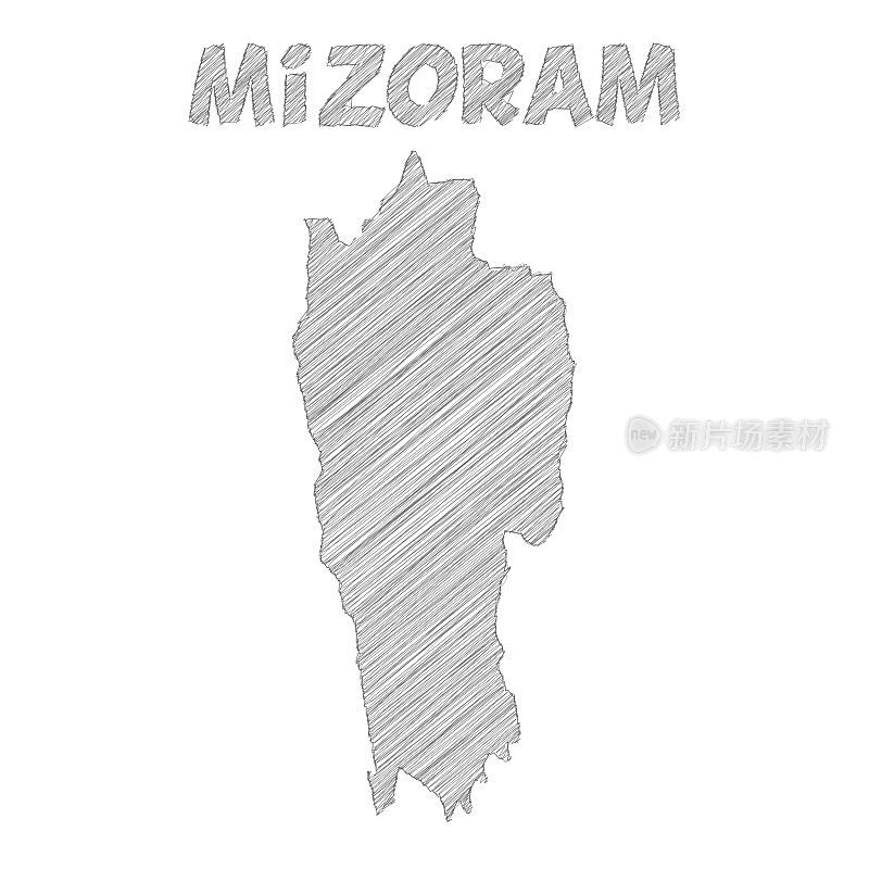 米佐拉姆地图手绘在白色背景上