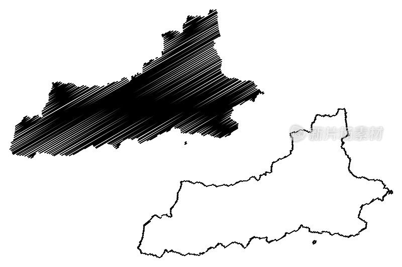 西安市(中华人民共和国，陕西省)地图矢量插图，略图西安市或西安市地图