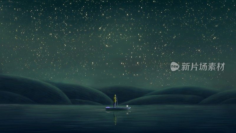 孤舟人与超现实的夜海、绘画艺术、幻想艺术、想象插画、孤独概念艺术、孤独海景