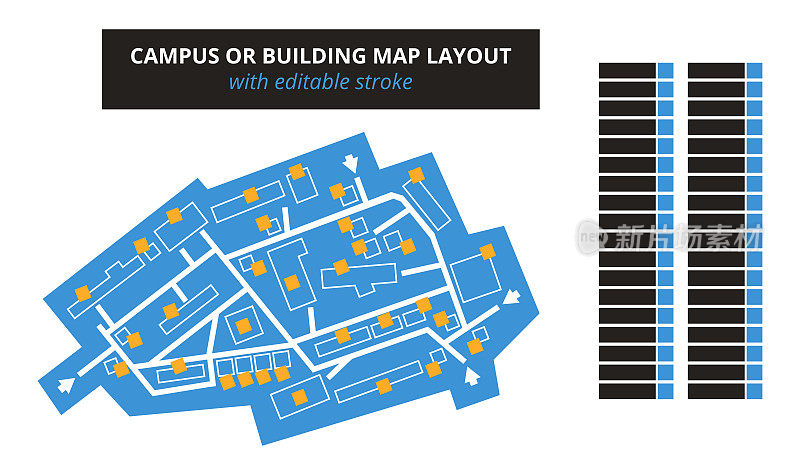 带有标识或标题字段的矢量可编辑的平面图-蓝色校园或建筑地图，可编辑的描边在白色上隔离。适合作为商场，制作大厅，节日，商店的地图。