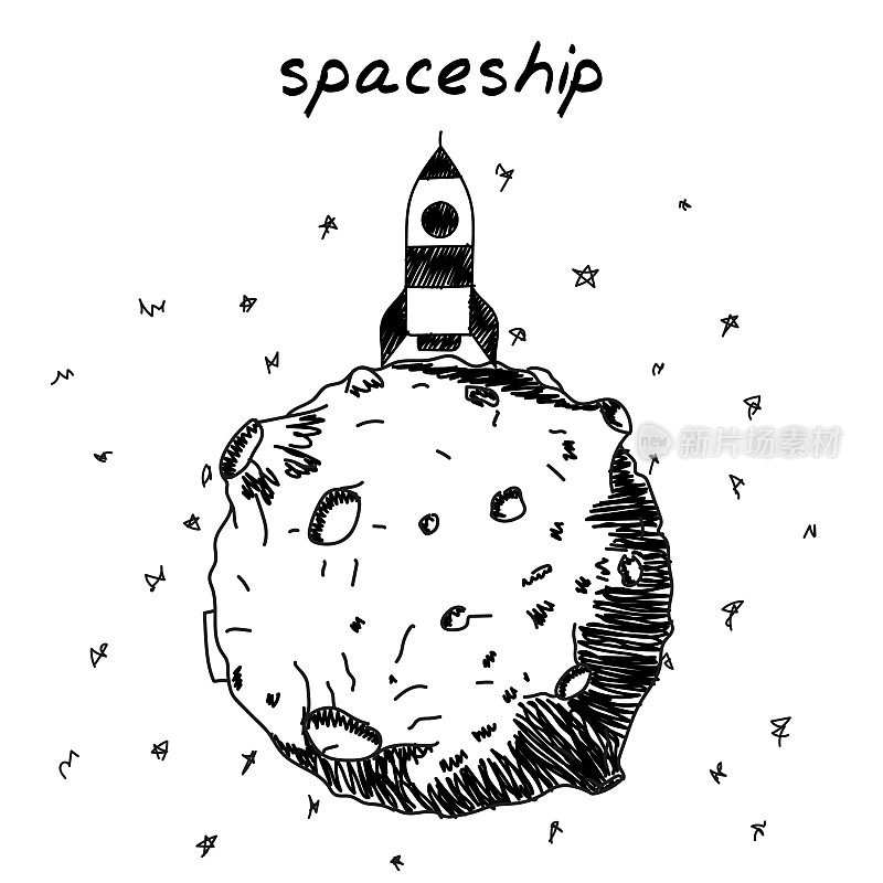 星球上的火箭手绘插图。卡通矢量剪辑艺术的宇宙飞船上的一个小行星。黑白草图的概念行星际旅行，太空，宇宙，宇宙，火箭