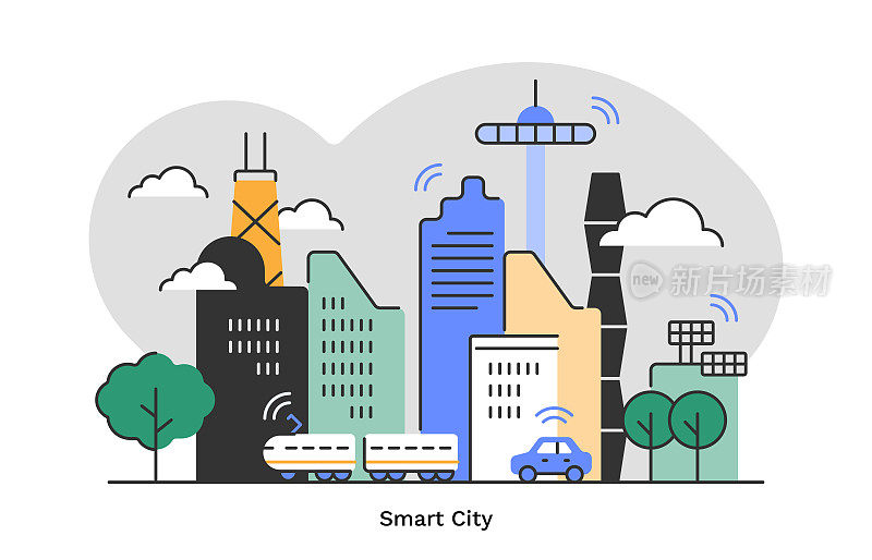 智能城市平面单线城市天际线插图与可编辑的笔触